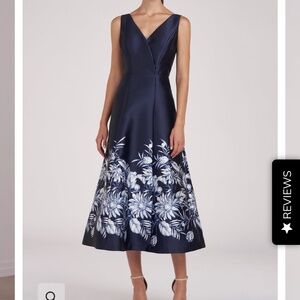 Kay Unger Hattie V Neck Mikado Wrap Floral Midi Dress in Dark Navy